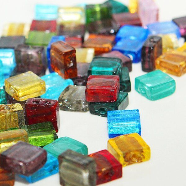 бусина, стекло с фольгой, квадратная, цветовой микс, 12х12 мм (шт)