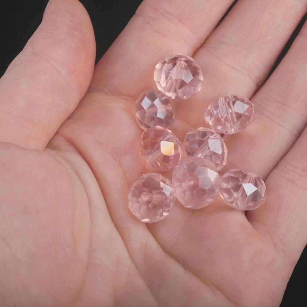 бусина, стекло абакус 12, граненая, цвет розовый радужный, 12х8 мм