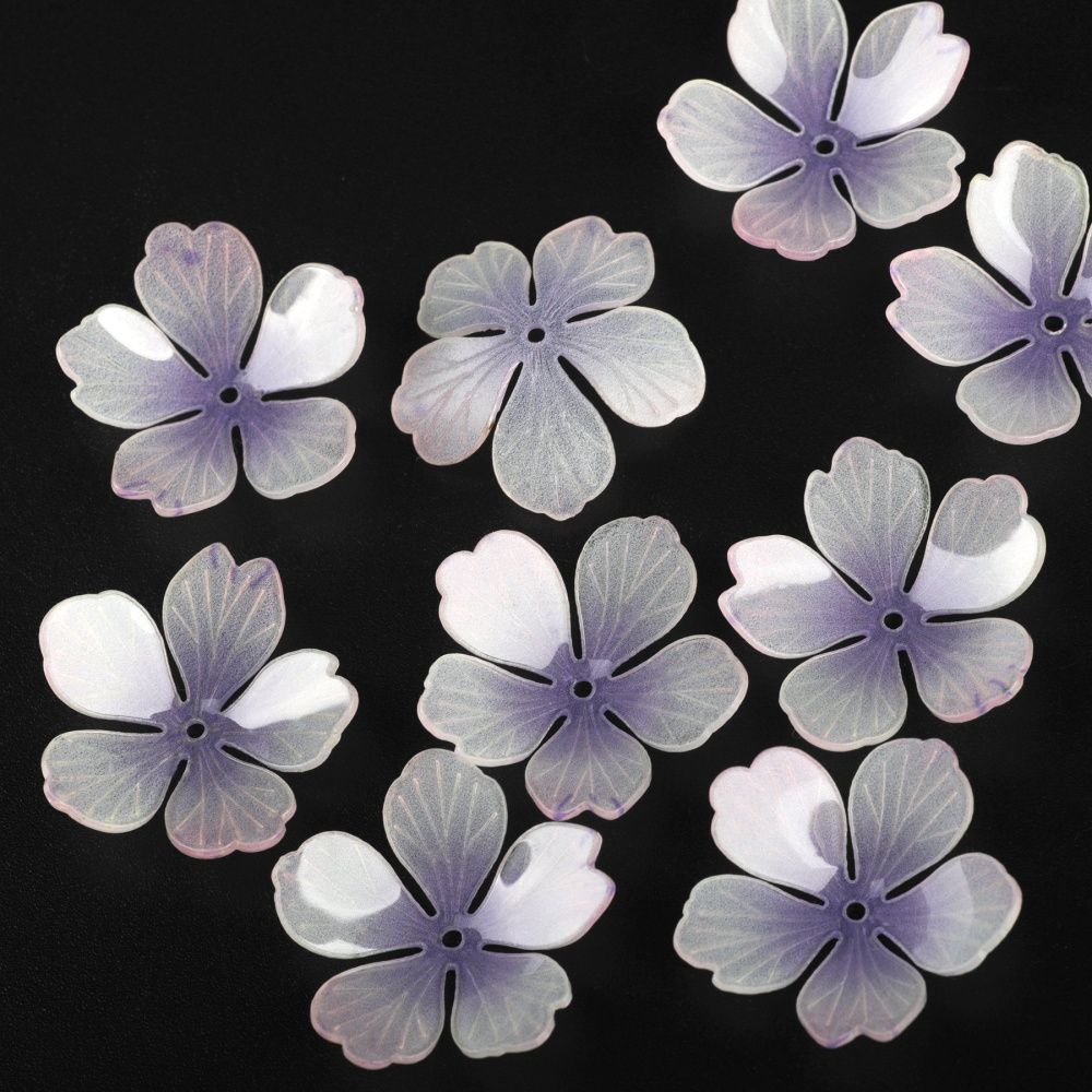 бусина, акрил "цветок сливы", цвет белый/сиреневый, 28x28x8-10 мм