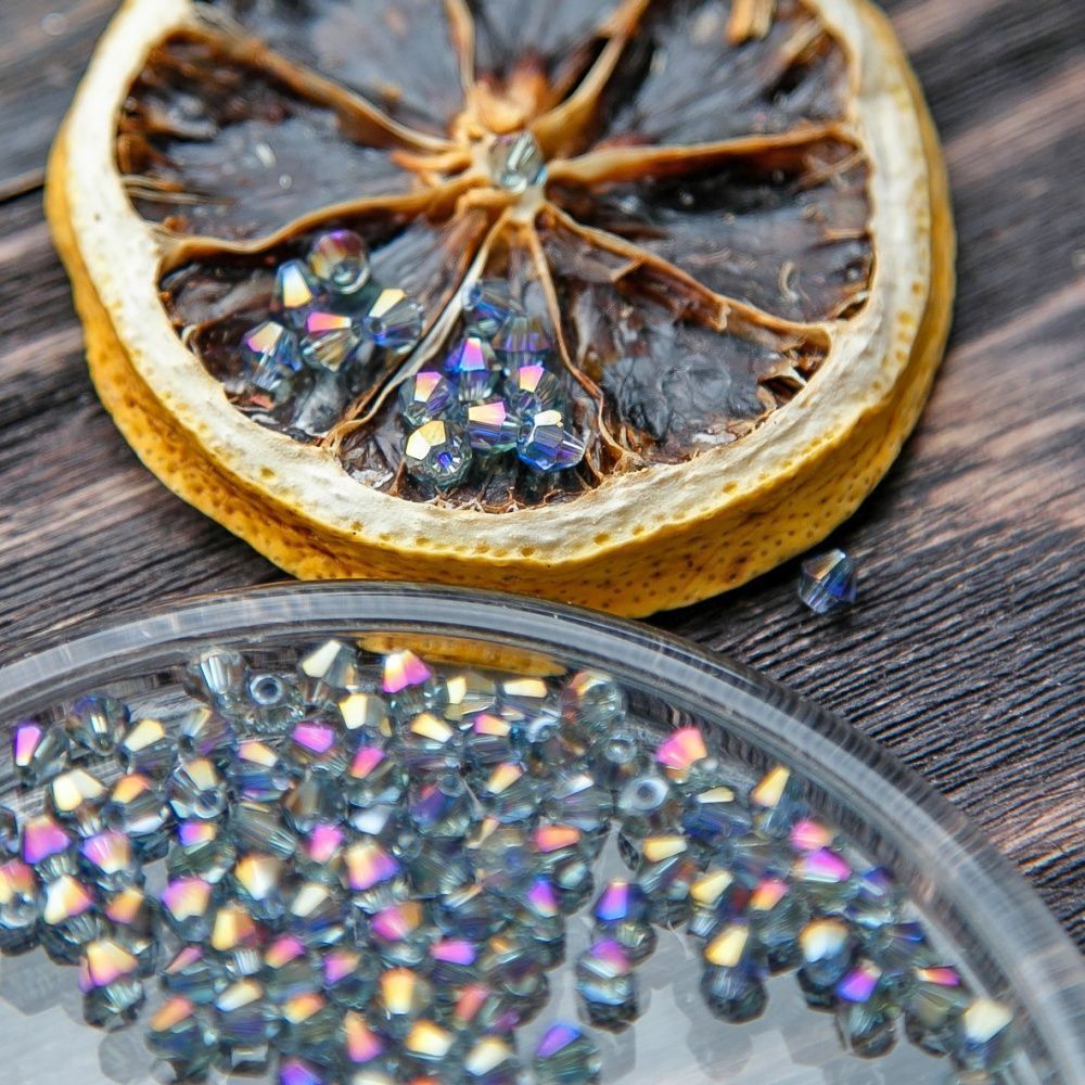 бусина, стекло биконус, цвет фиолетовый бензиновый, 4 мм (уп.30+/-5 шт)