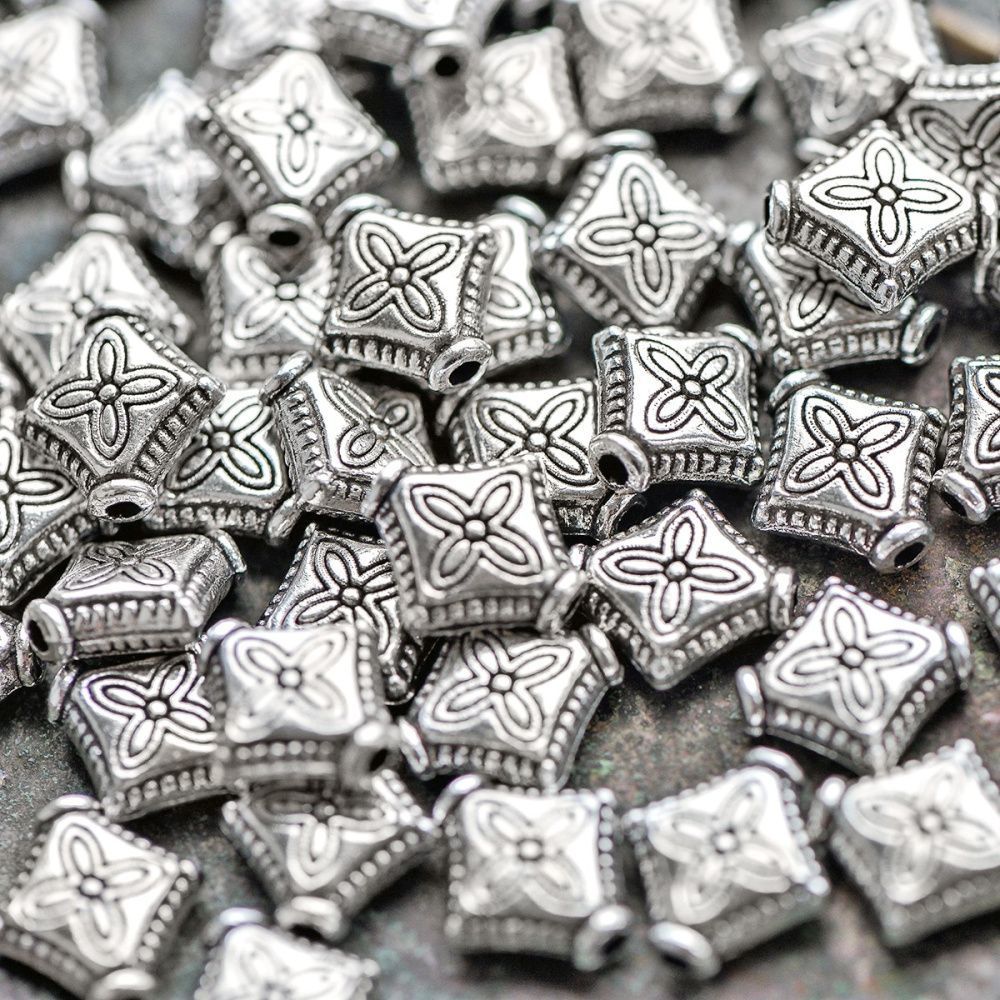 бусина, металл "ромб", цвет античное серебро, 10х9x3 мм