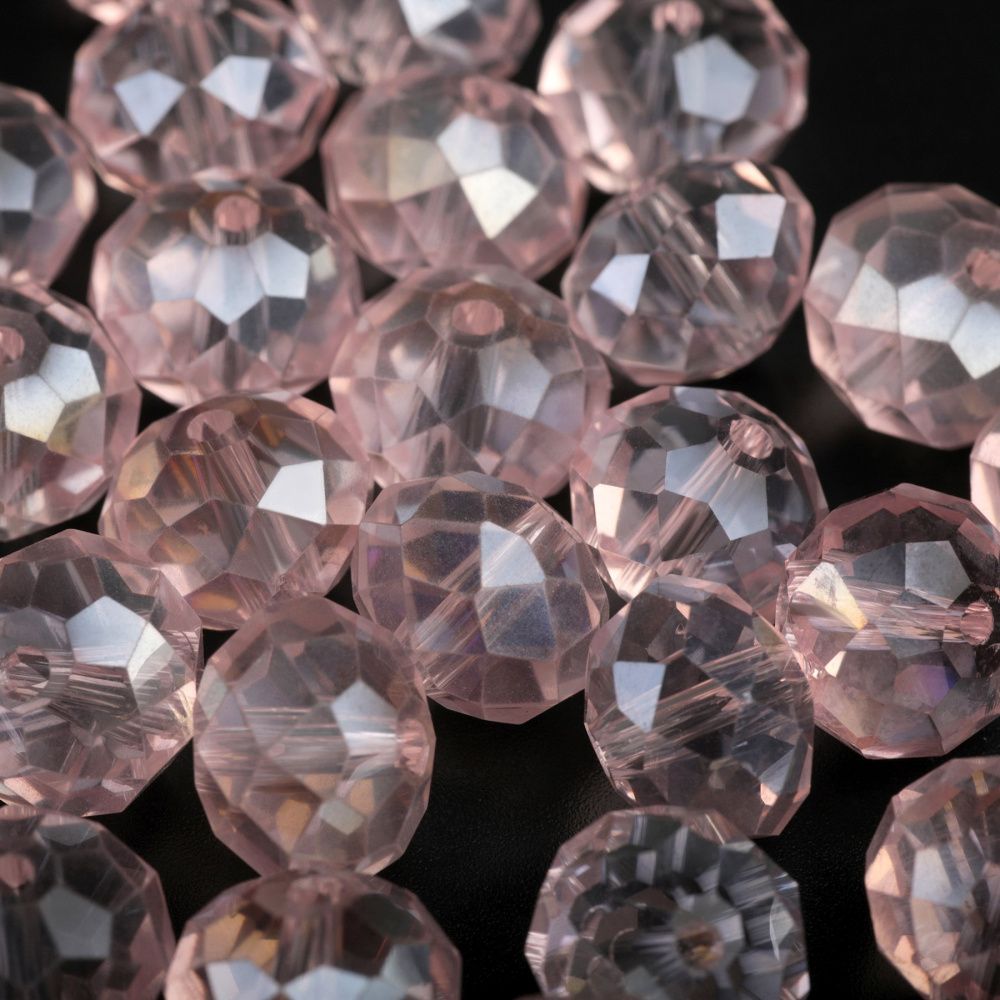 бусина, стекло абакус 12, граненая, цвет розовый радужный, 12х8 мм