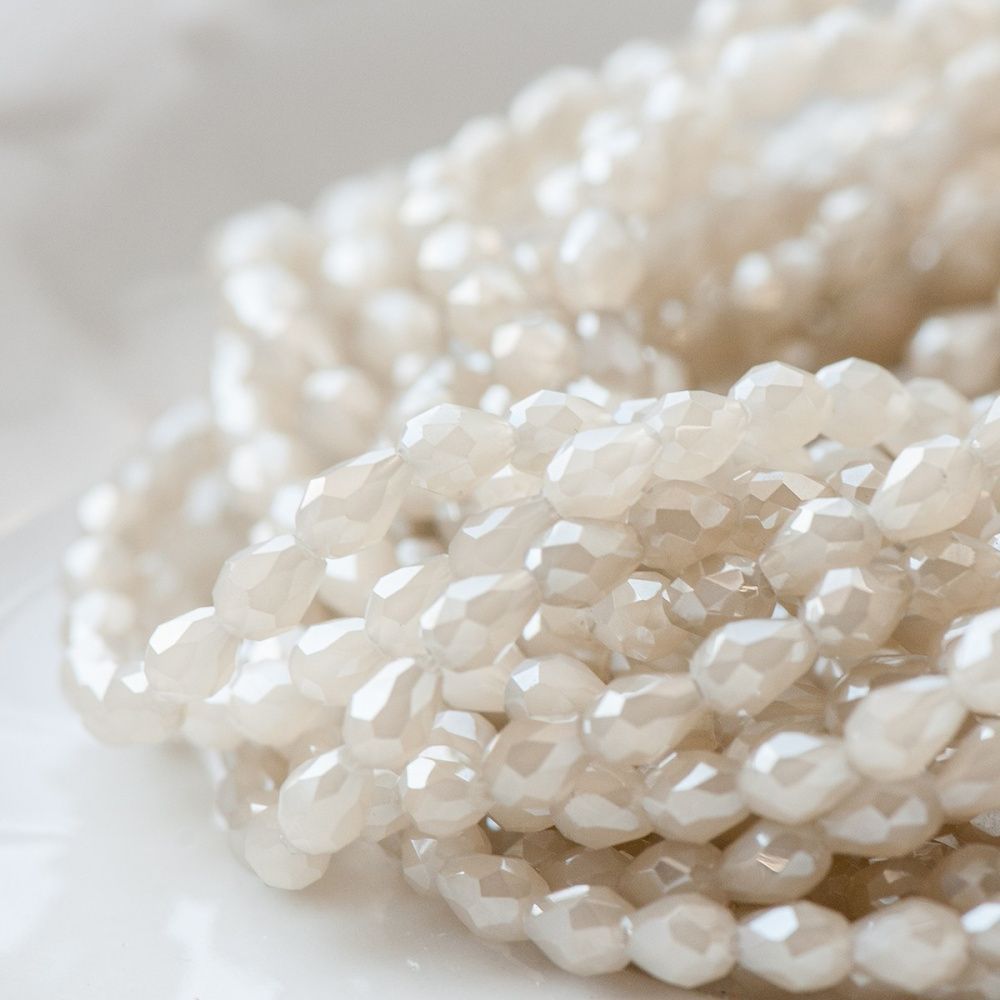 бусина, имитация нефрита, граненая, стекло капля, цвет бежевый радужный, 5х3 мм