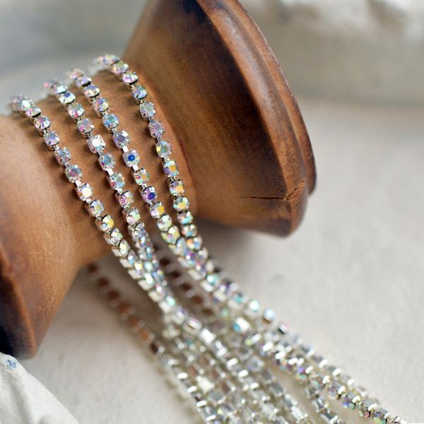 цепочка "стар", со стразами cristal ав, цвет серебро, 2 мм, стразовая лента