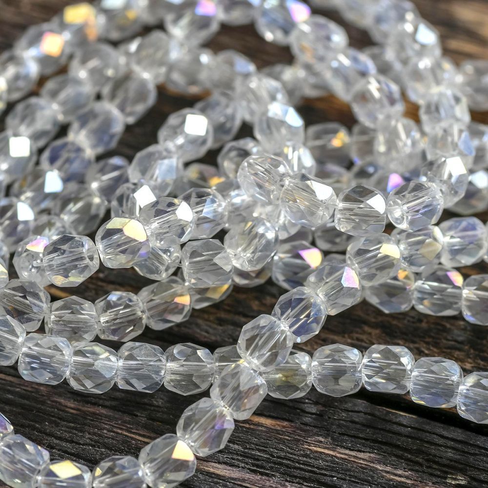 бусина, стекло бочонок 4, граненая, цвет прозрачный радужный, 4x4 мм (уп 30+/-5 шт)