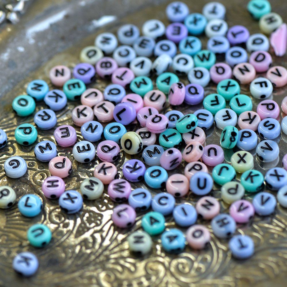 бусина, акрил "алфавит английский", пастельный микс/черный, 6.5x3 мм