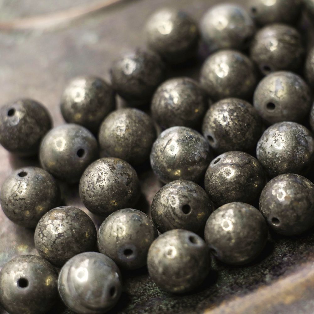 бусина пирит 10, цвет оливково-серый, 10 мм (стренд 10 шт.)