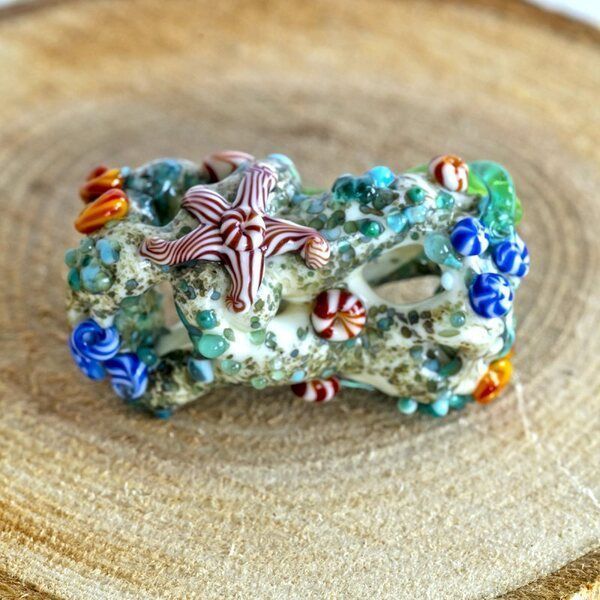 бусина, мурано "морское дно" - средняя, бирюзово-зеленый, 25х21 мм