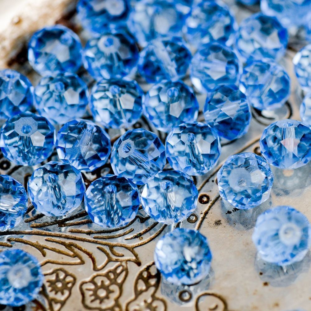 бусина, стекло абакус 10, граненая, цвет голубой, 10х7 мм 