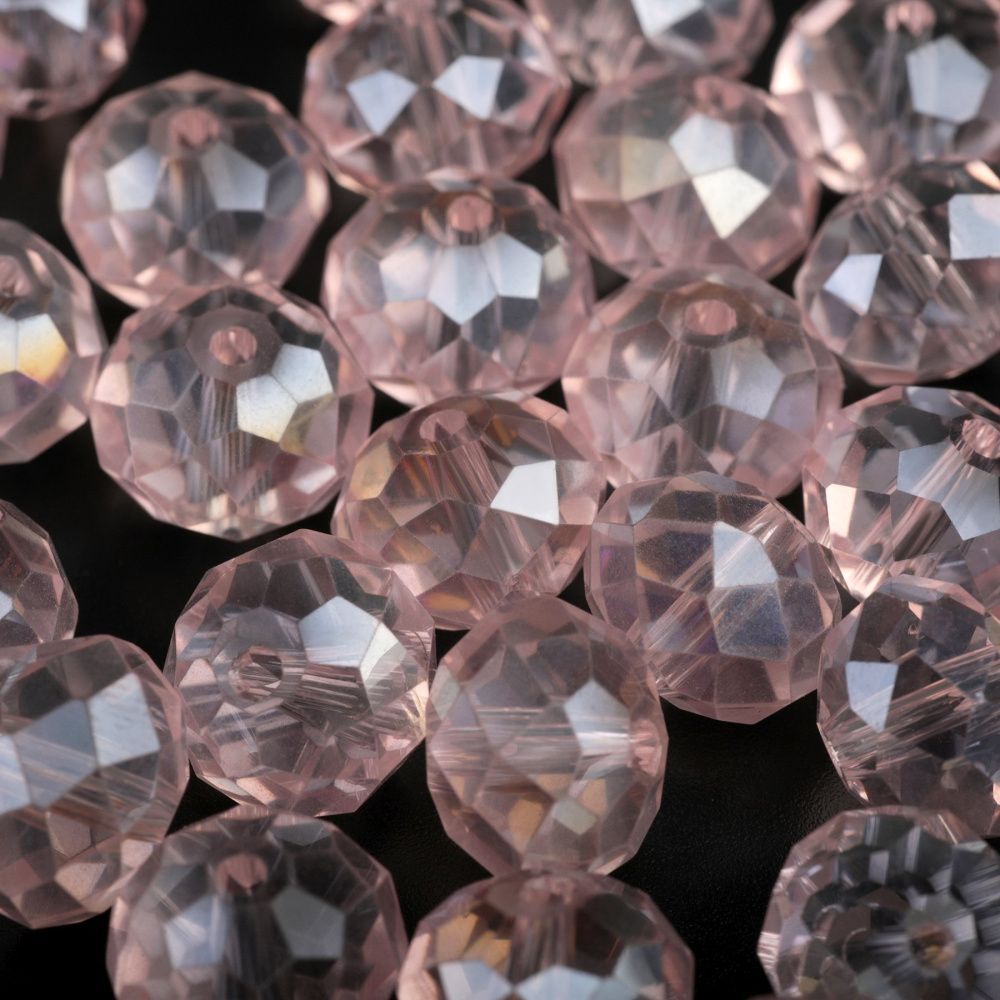 бусина, стекло абакус 12, граненая, цвет розовый радужный, 12х8 мм