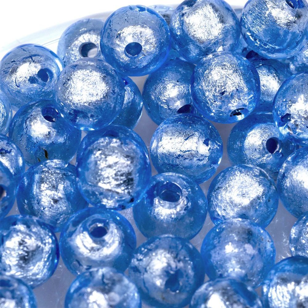 бусина, стекло с фольгой, цвет голубой, 10 мм