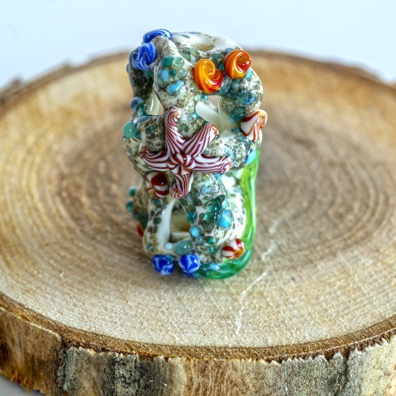 бусина, мурано "морское дно" - средняя, бирюзово-зеленый, 25х21 мм