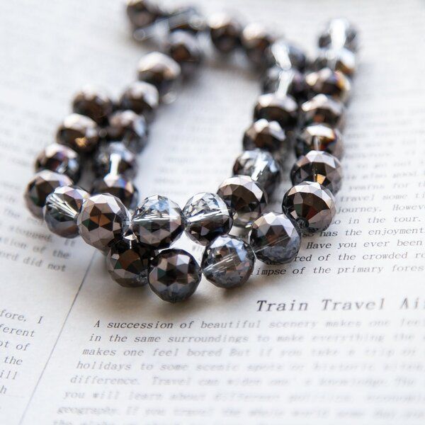 бусина, стекло 14, граненая, цвет прозрачный гематитовый, 14 мм