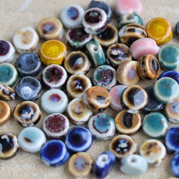 бусина, керамика "таблетка-антик", цветовой микс, 10-11x10.5-11x5-5.5 мм