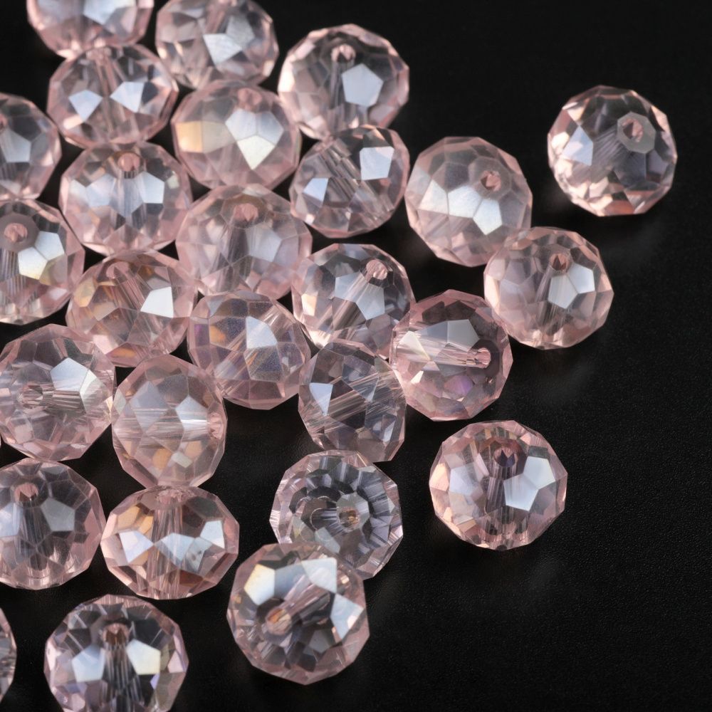 бусина, стекло абакус 12, граненая, цвет розовый радужный, 12х8 мм