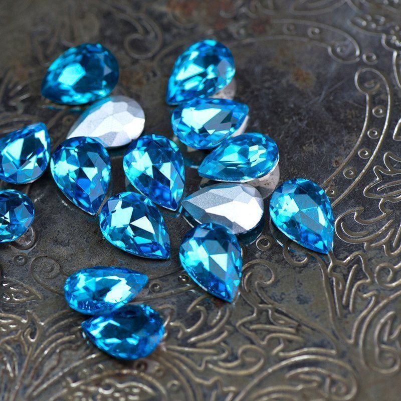 кабошон стекло кристалл, каплевидный, цвет aquamarine, 14х10 мм