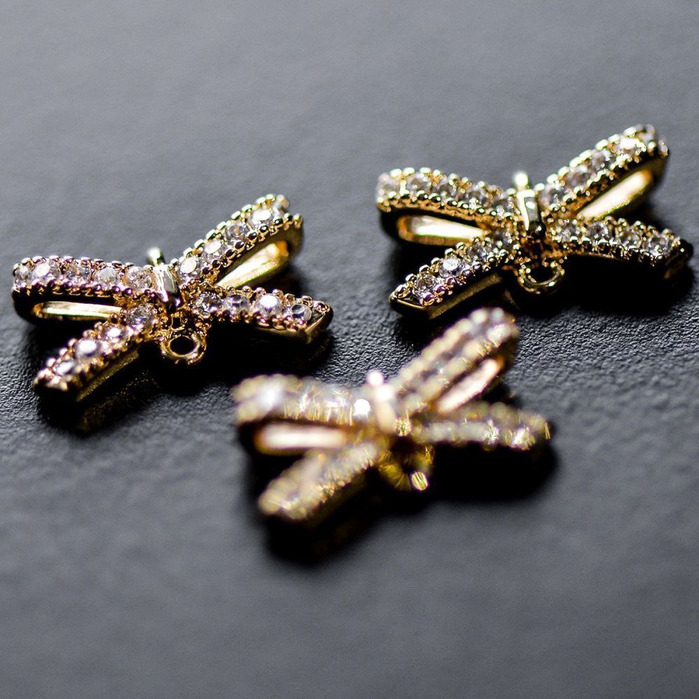 коннектор "бант" со стразами, позолота/прозрачный, 12x6x3.5 мм