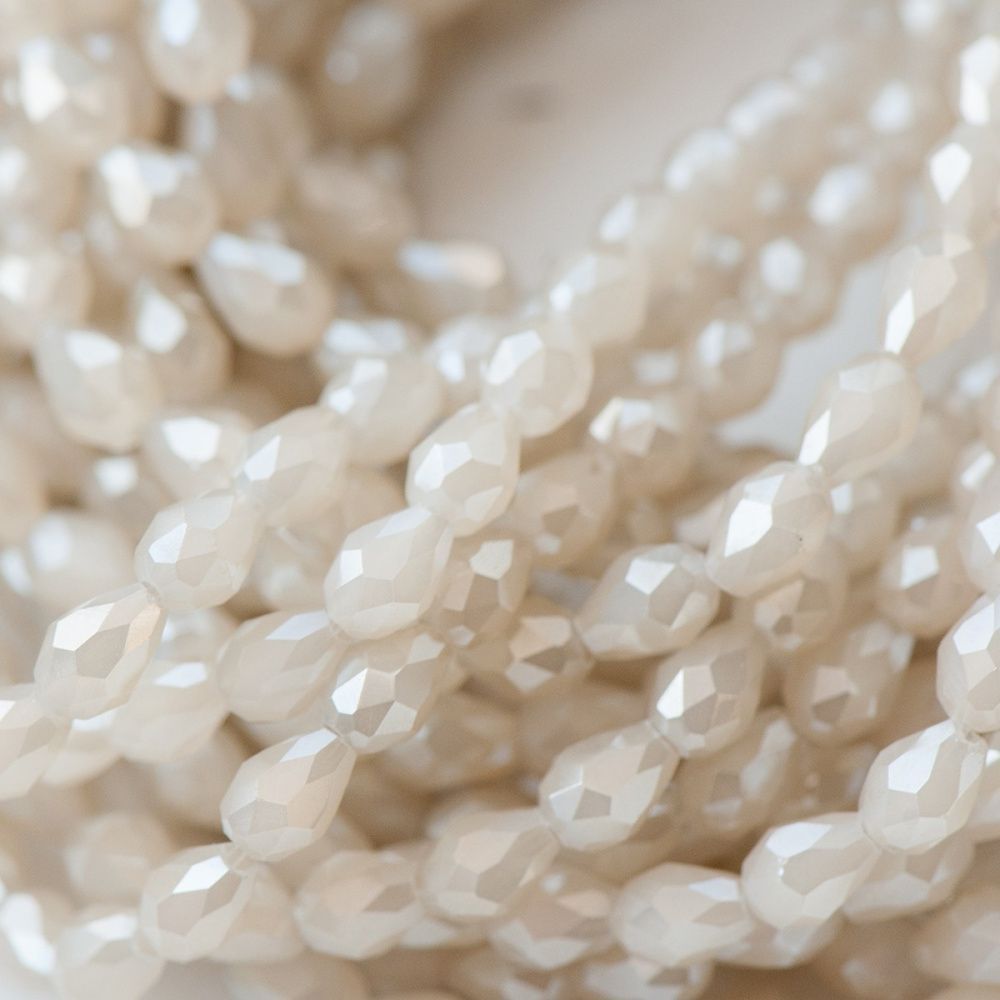 бусина, имитация нефрита, граненая, стекло капля, цвет бежевый радужный, 5х3 мм