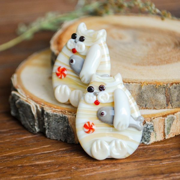 бусина, мурано "кот с рыбой - рыжий", фигурная, 30х25 мм