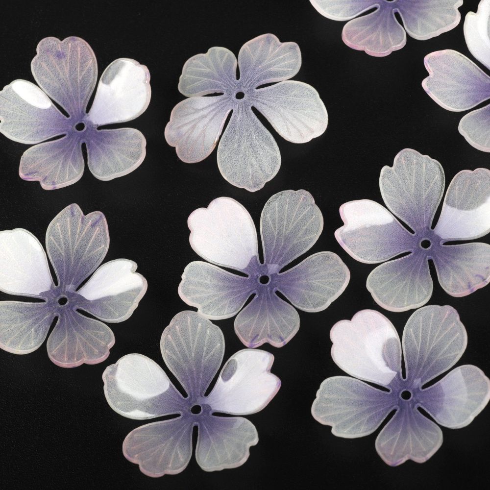 бусина, акрил "цветок сливы", цвет белый/сиреневый, 28x28x8-10 мм