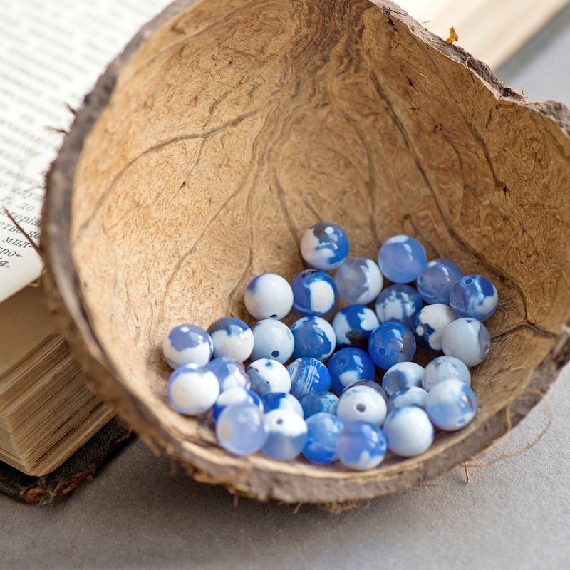 бусина агат 8, цвет пятнистый бело-синий, колорир., 8 мм (стренд 12 шт.)