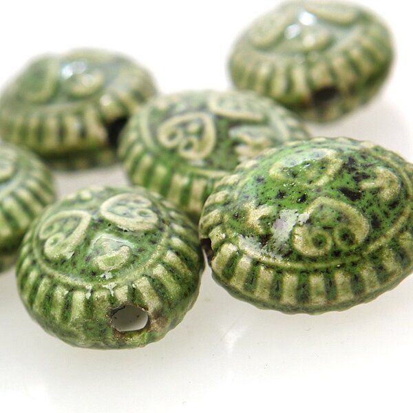 бусина, керамика "антик", овальная, цвет оливковый, 20х23х13 мм