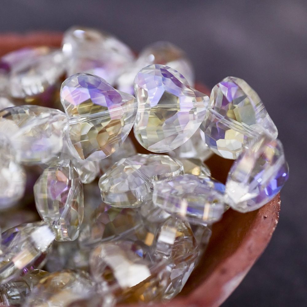 бусина, стекло, "сердце", граненая, цвет шампанского радужный, 16.5x19.5x9 мм