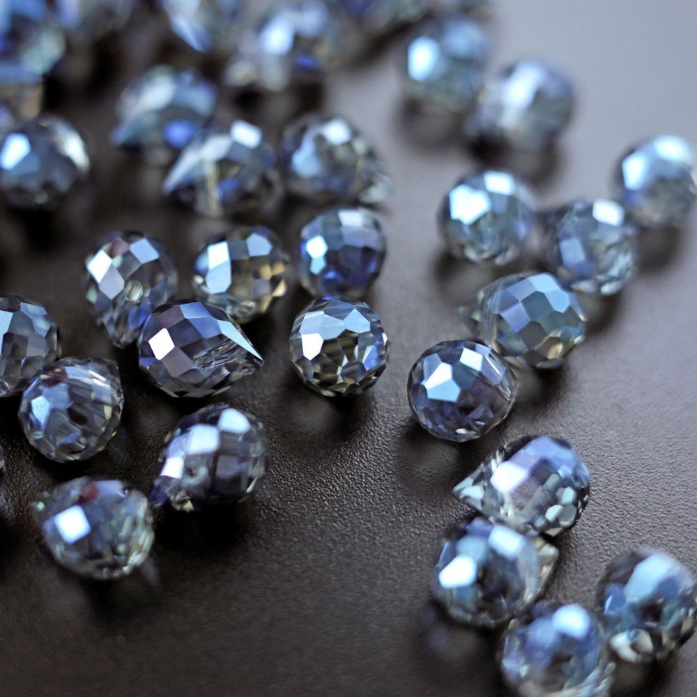 бусина "капля", граненая, стекло, цвет серо-голубой дым ав, 10-11x8 мм