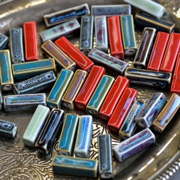 бусина, керамика "блок-антик", цветовой микс, 25-29x7-10x7-10 мм