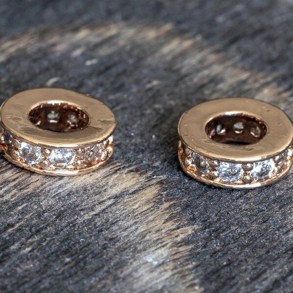 ес бусина "ронд", латунь/стразы, цвет розовое золото, 9.5x2.5 мм