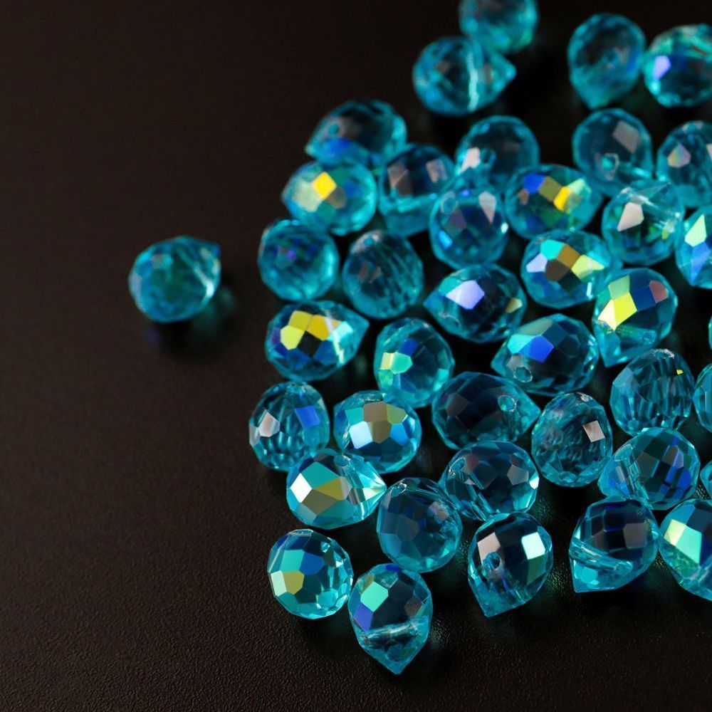 бусина "капля", граненая, стекло, цвет темно-бирюзовый ав, 10-11x8 мм