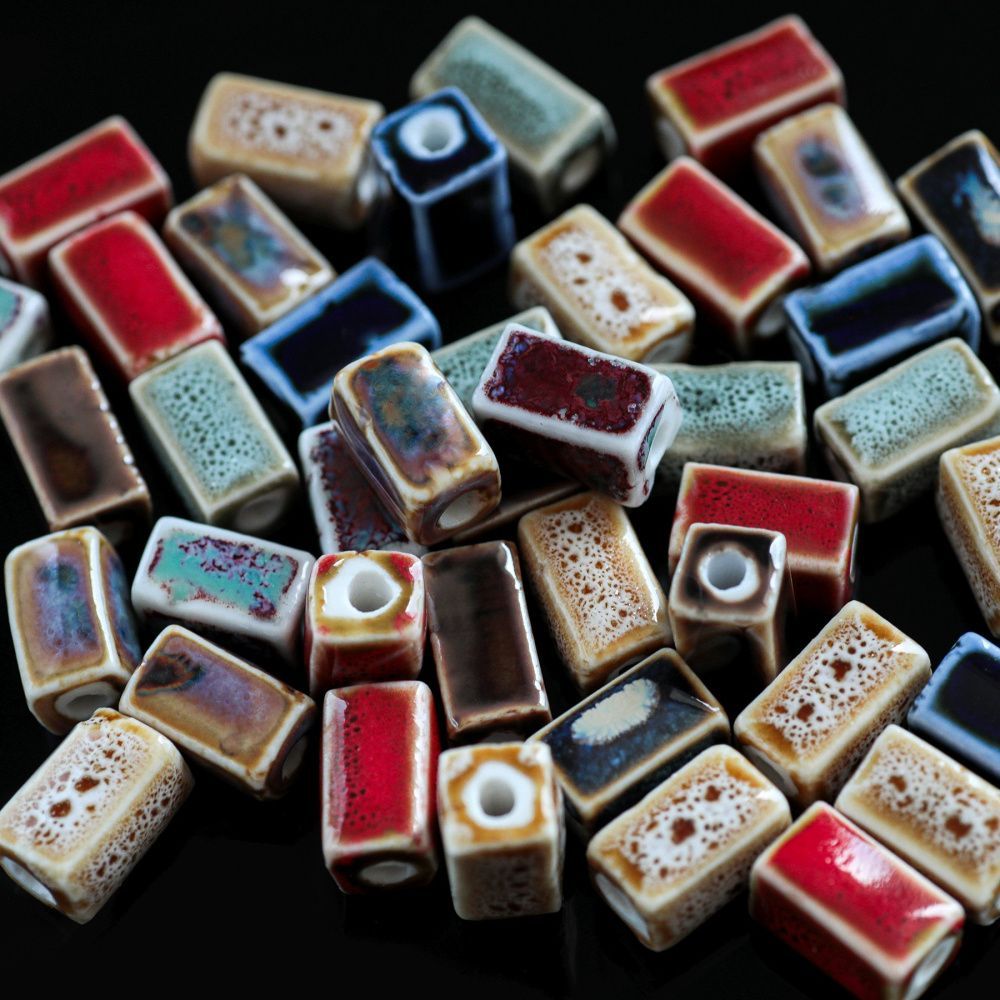 бусина, керамика "антик", блок, цветовой микс, 12-13x7-7.5x7-7.5 мм