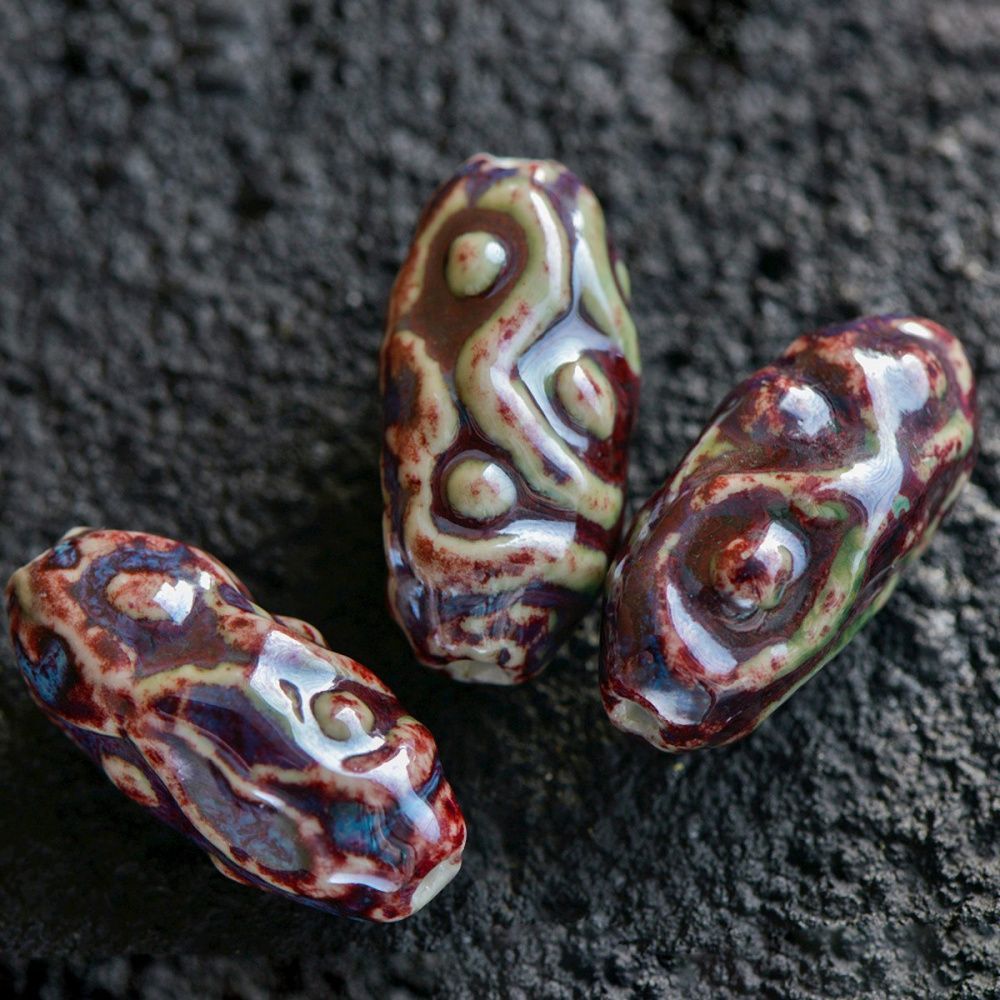 бусина, керамика "антик-дзи", овальная, цвет голубой/красный, 35x17-18x15-16 мм