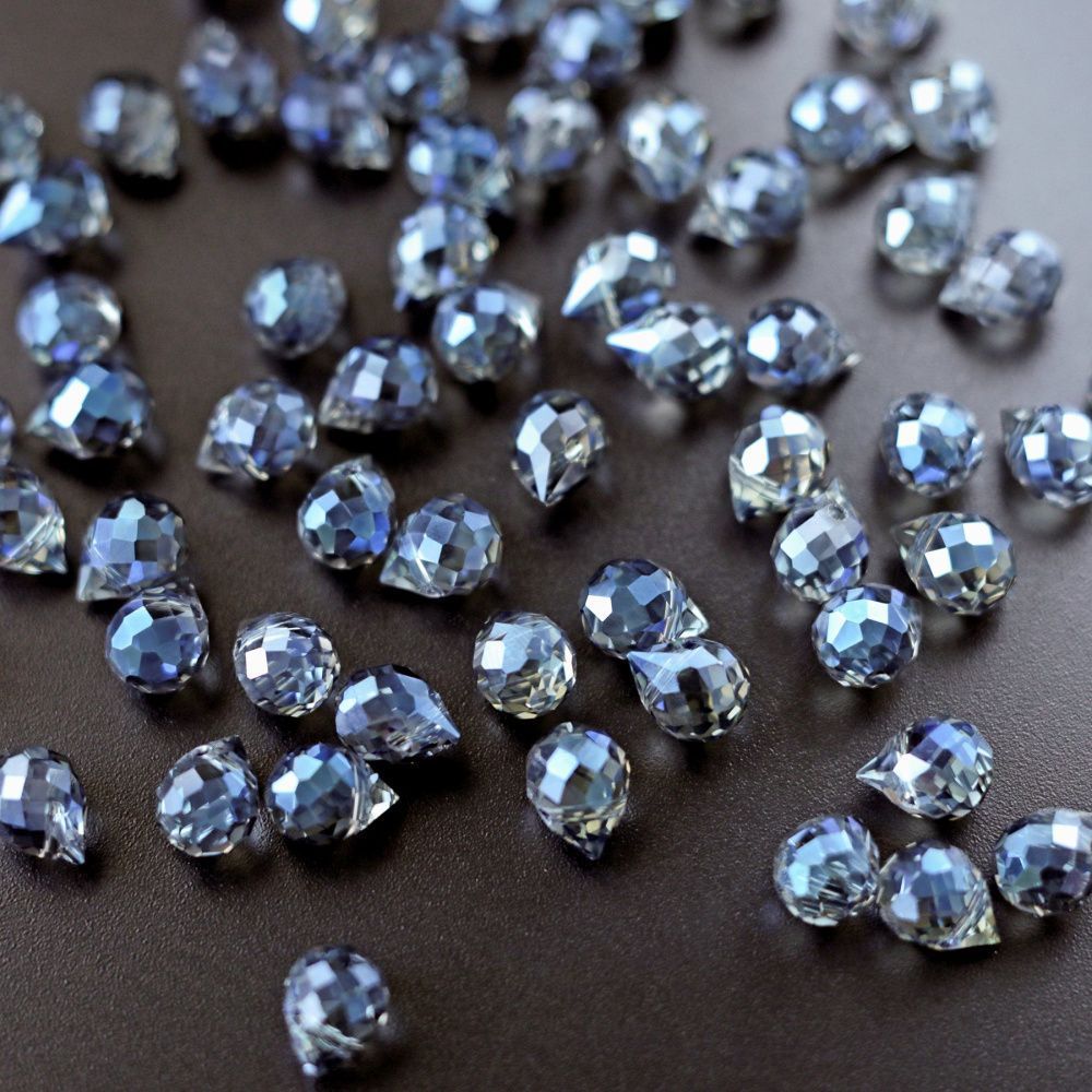 бусина "капля", граненая, стекло, цвет серо-голубой дым ав, 10-11x8 мм