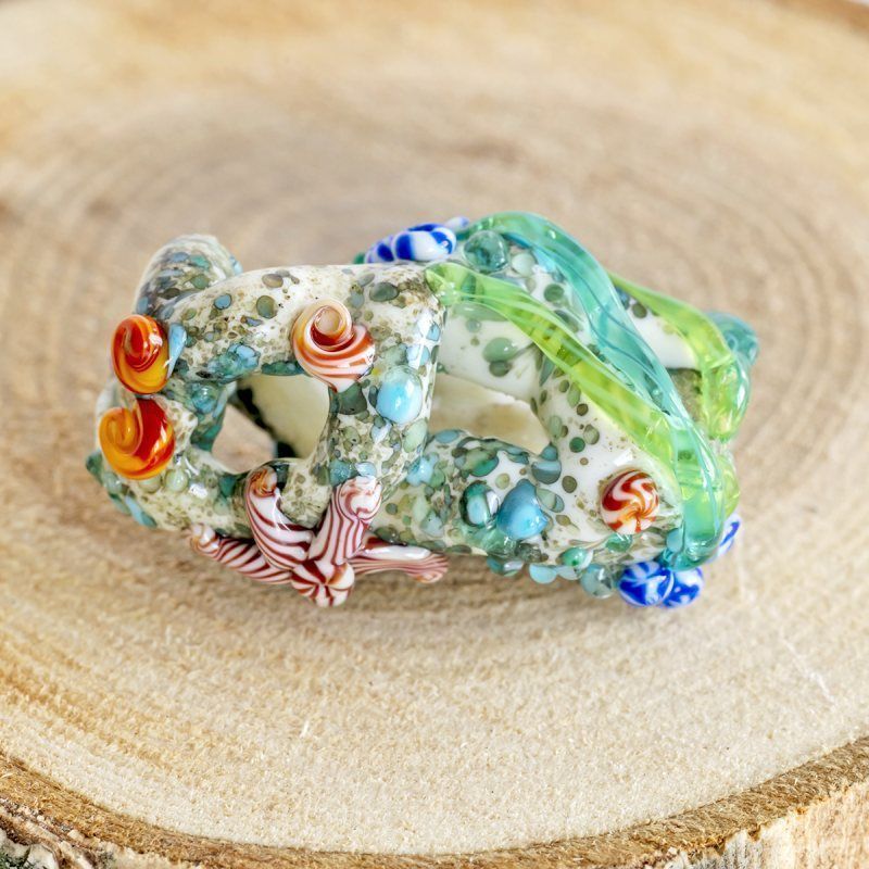 бусина, мурано "морское дно" - средняя, бирюзово-зеленый, 25х21 мм