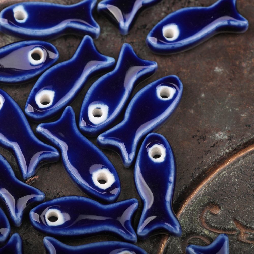 бусина, керамика "рыба", цвет темно-синий, 24-25x10x6 мм