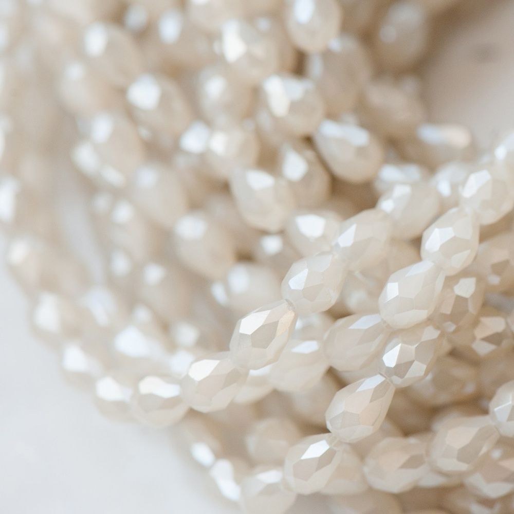 бусина, имитация нефрита, граненая, стекло капля, цвет бежевый радужный, 5х3 мм