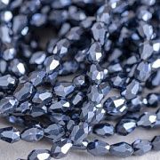 Бусина "Капля", граненая, стекло, цвет черный радужный, 6х4 мм