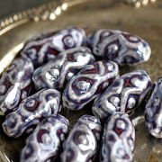 Бусина, керамика "Антик-Дзи", овальная, цвет синий/красный, 35x17-18x15-16 мм