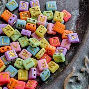 Бусина, акрил "Алфавит английский", квадрат/дуо, пастельный/золото, 8.5x7.5x4 мм