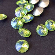 Кабошон стекло Риволи, цвет светло-зеленый радужный АВ, 12 мм