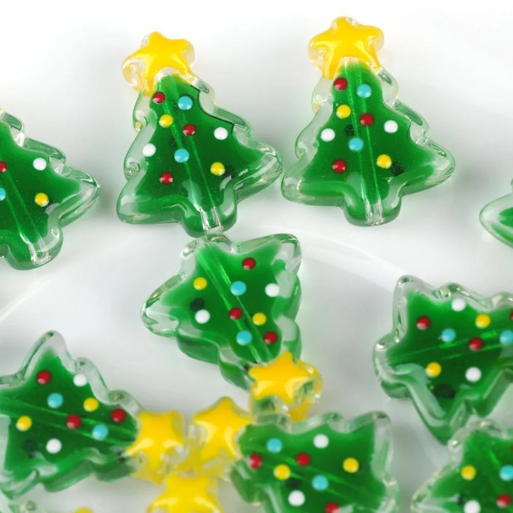 бусина, лэмпворк "ёлочка со звёздочкой", стекло, цвет зеленый, 18x15x7 мм