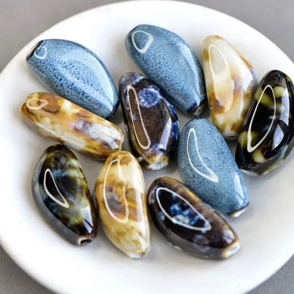 бусина, керамика "семя-антик", цветовой микс, 31.5-32x15-16x12-12.5 мм