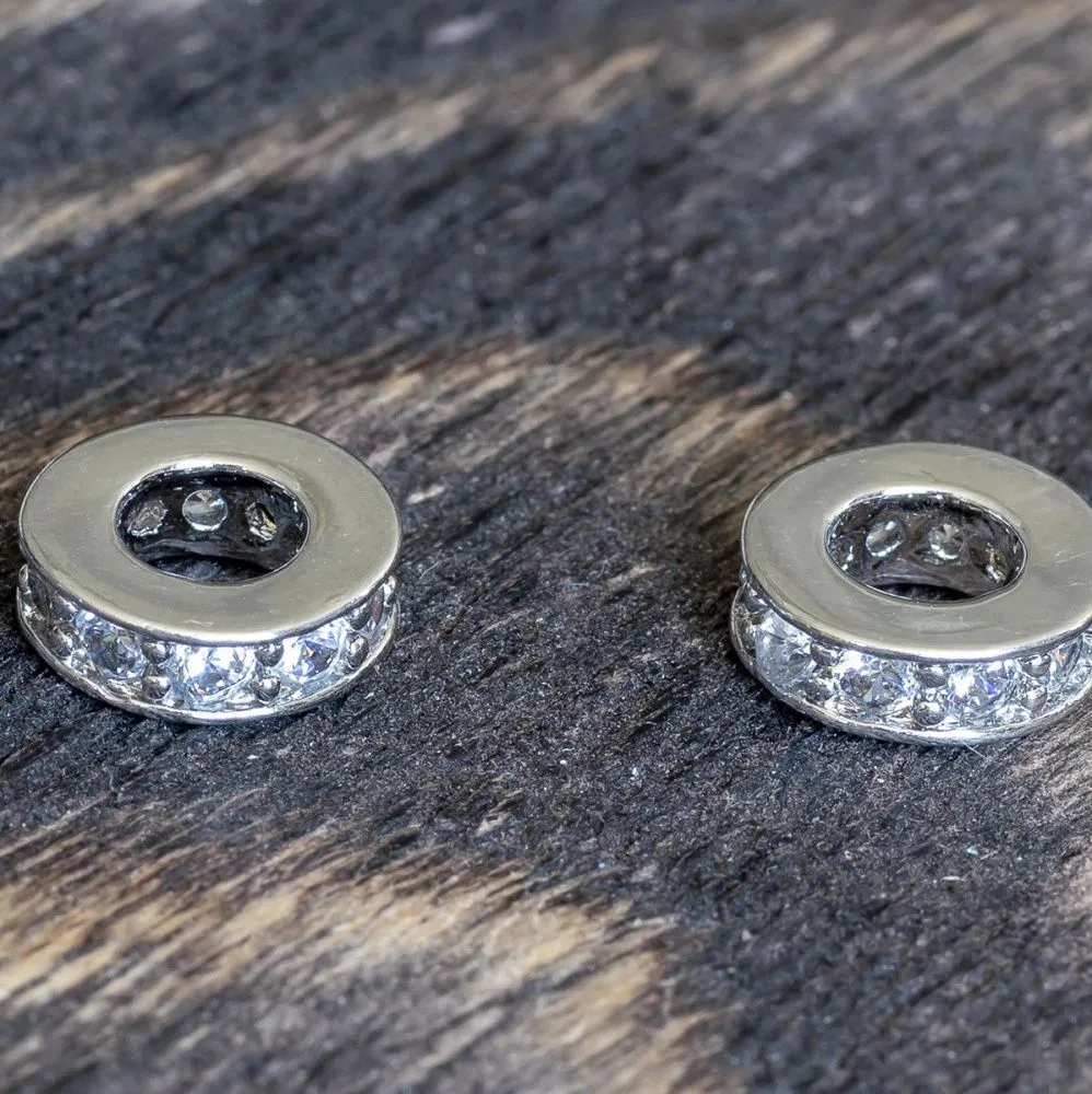 ес бусина "ронд", латунь/стразы, цвет платина, 9.5x2.5 мм