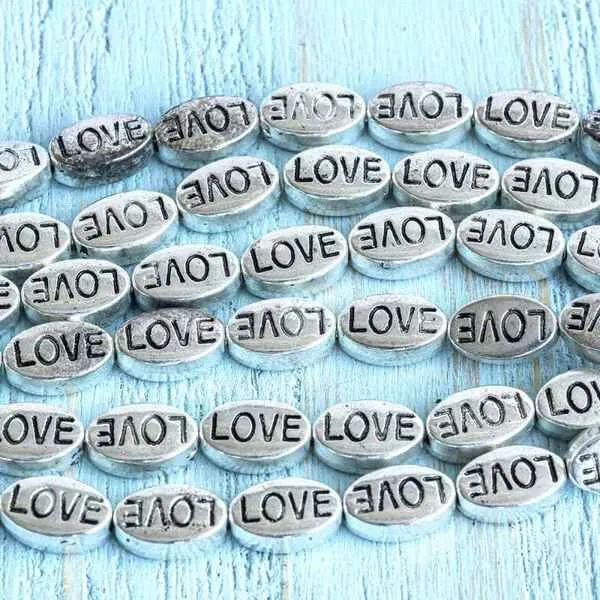 бусина, металл "love", цвет античное серебро, 10x6x4 мм