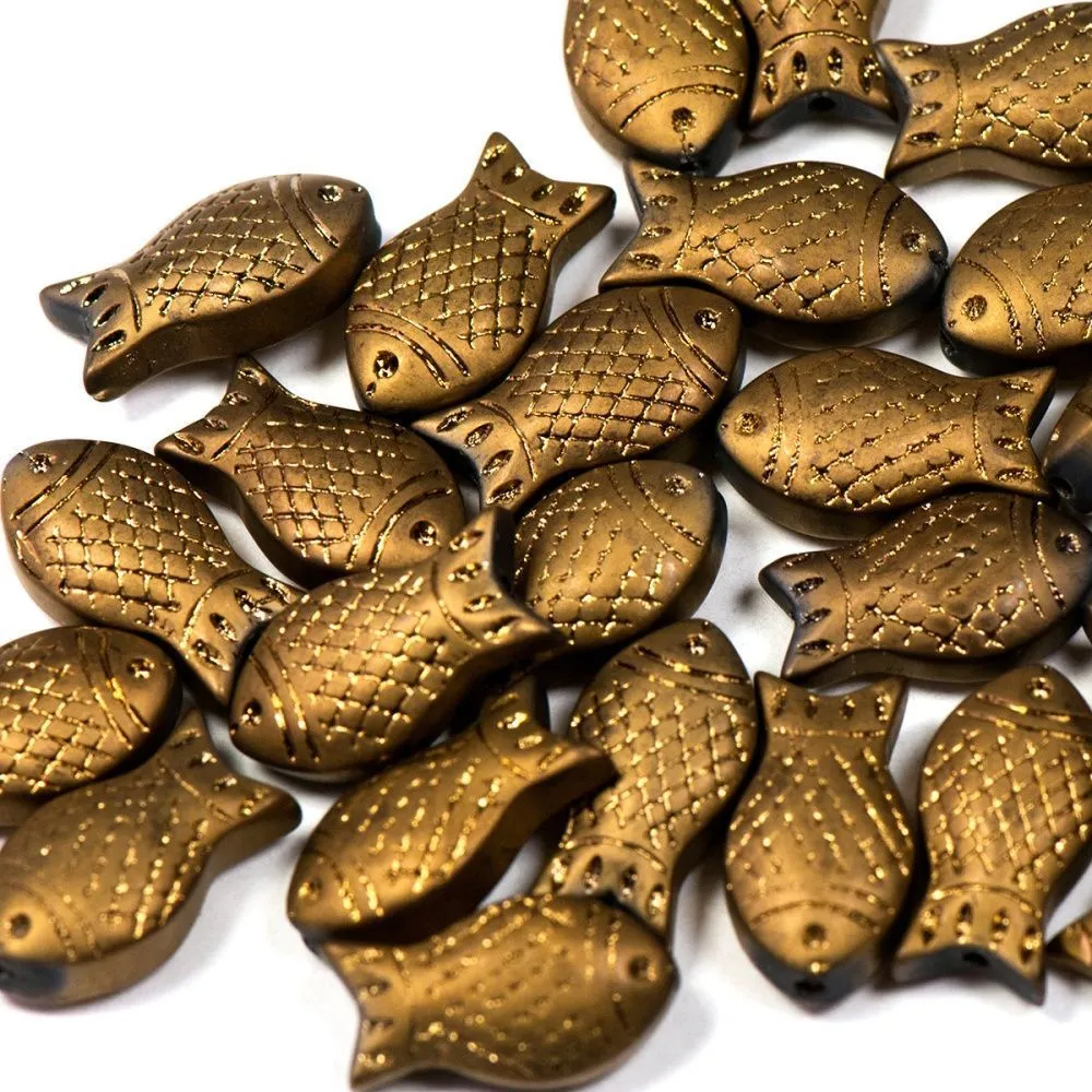 бусина "рыбка", стекло, цвет золотой металлик матовый, 15х8х5 мм