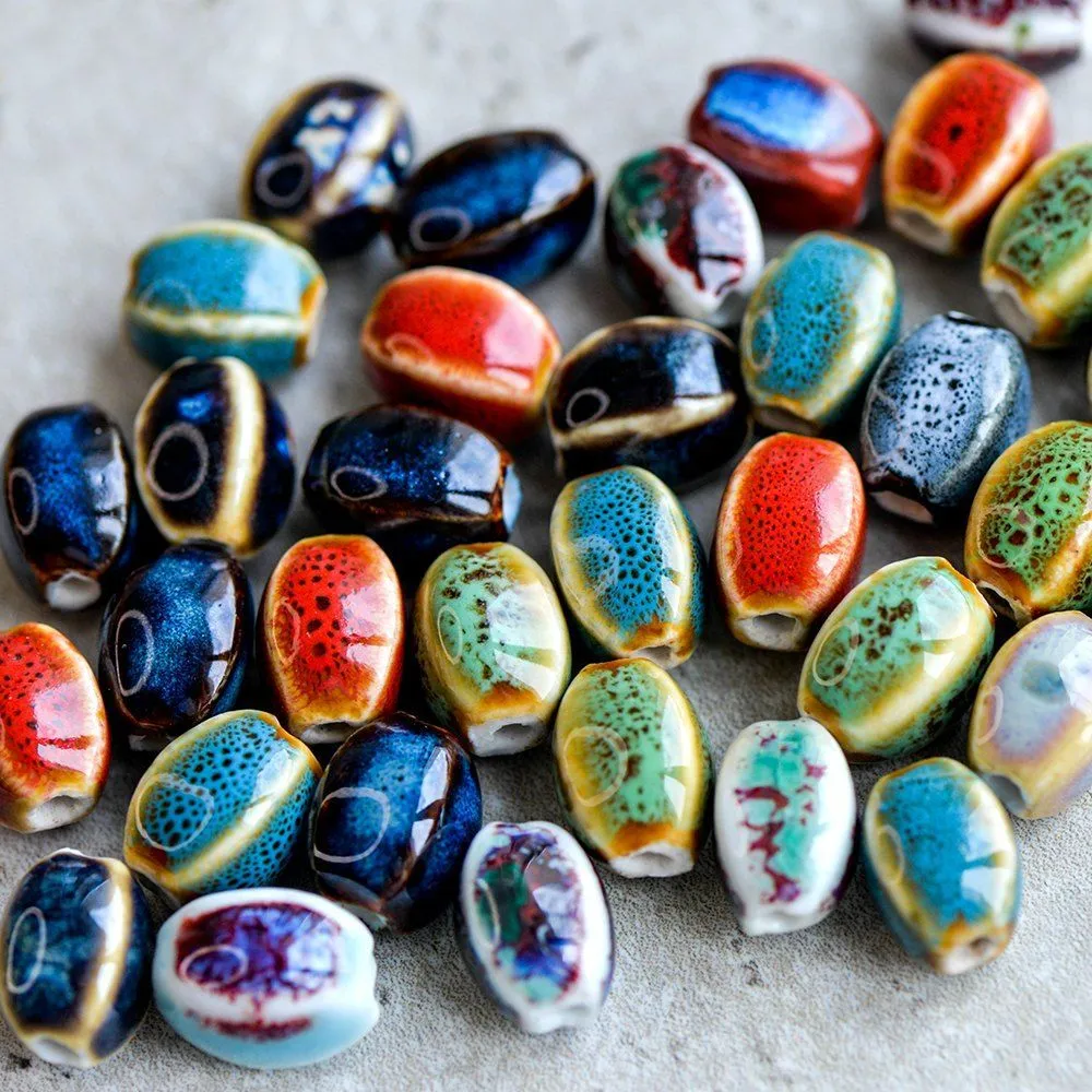 бусина, керамика "зерно-антик", цветовой микс, 14-12х10-9х11-9 мм