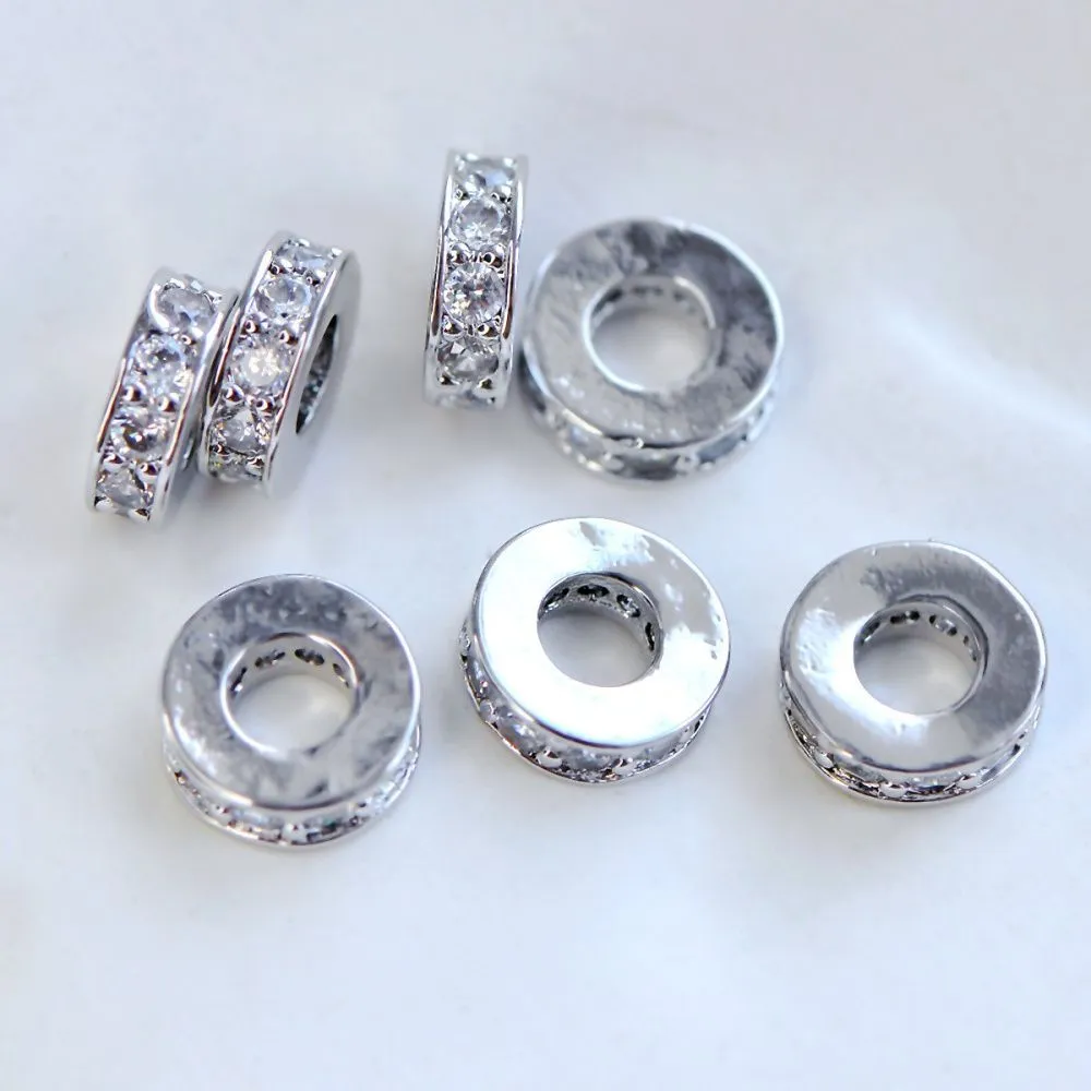 ес бусина "ронд", латунь/стразы, цвет платина, 9.5x2.5 мм