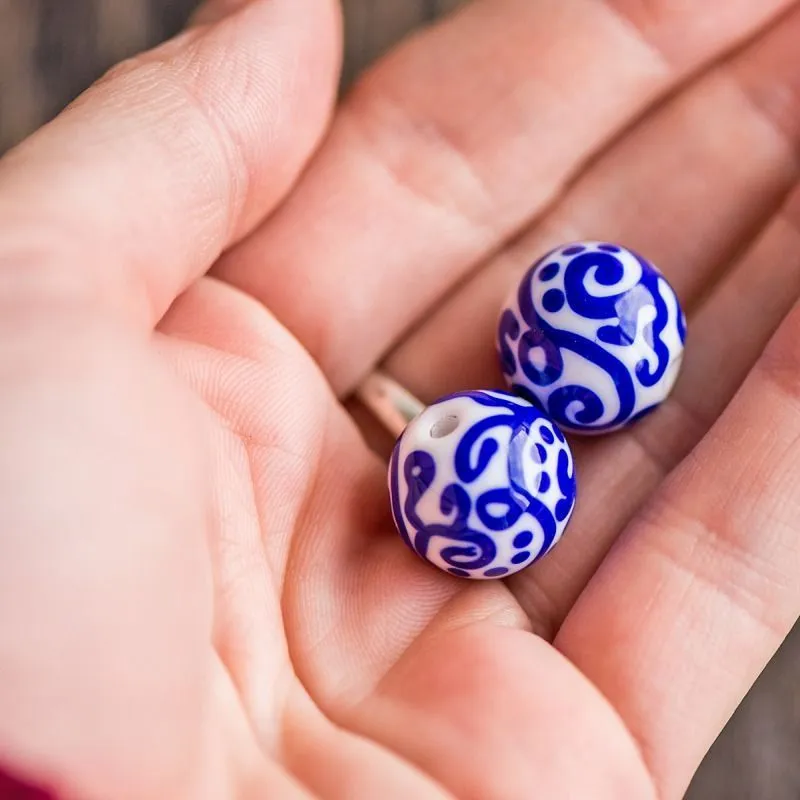 бусина, мурано "ацтек", белый/синий, 16 мм