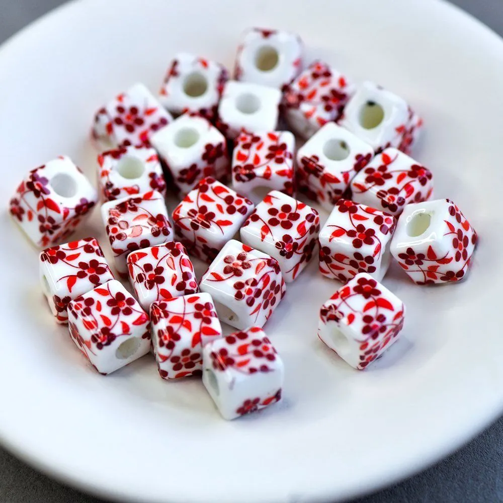 бусина, керамика "сакура", куб, цвет красный, 10х10 мм